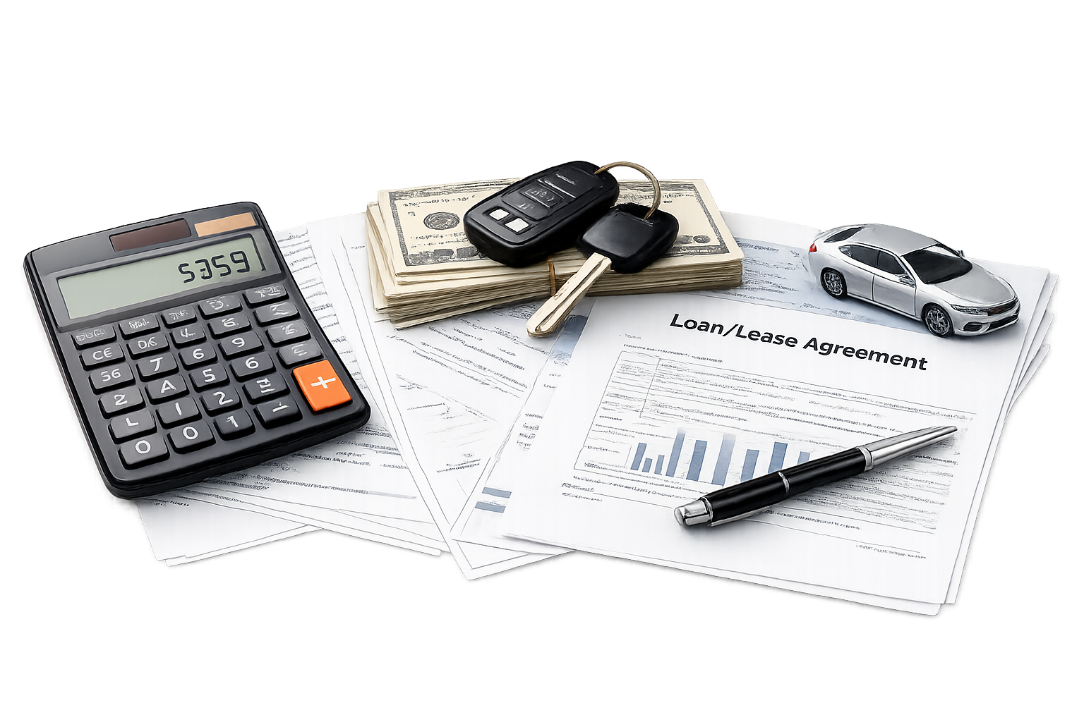 Calculator, money, car keys, a toy car, and a loan agreement document on a white background.