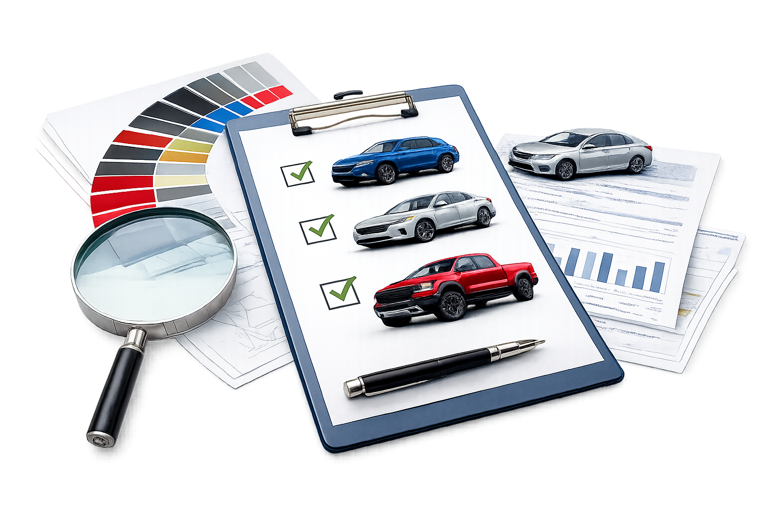 A clipboard with a checklist of three cars, a magnifying glass, a color palette, and a pen on a white background.