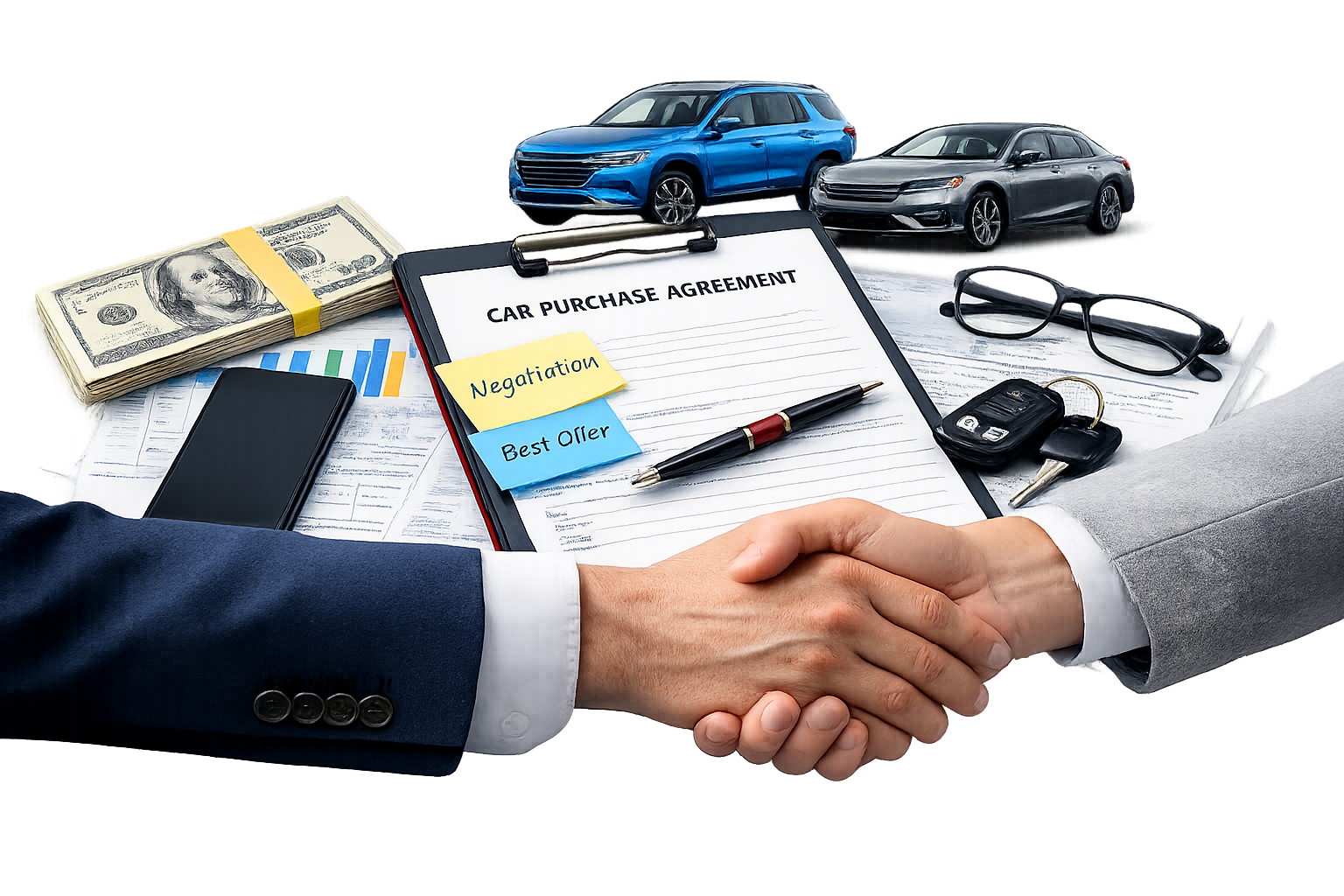 Two business professionals shake hands over a car purchase agreement with money, car keys, and model cars on the table.