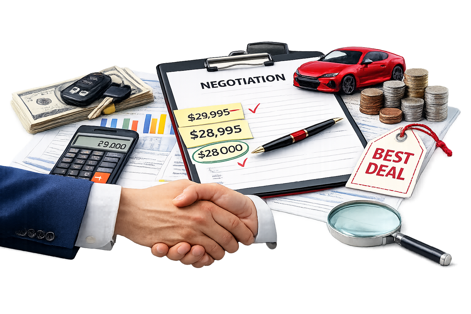 A handshake over a clipboard labeled