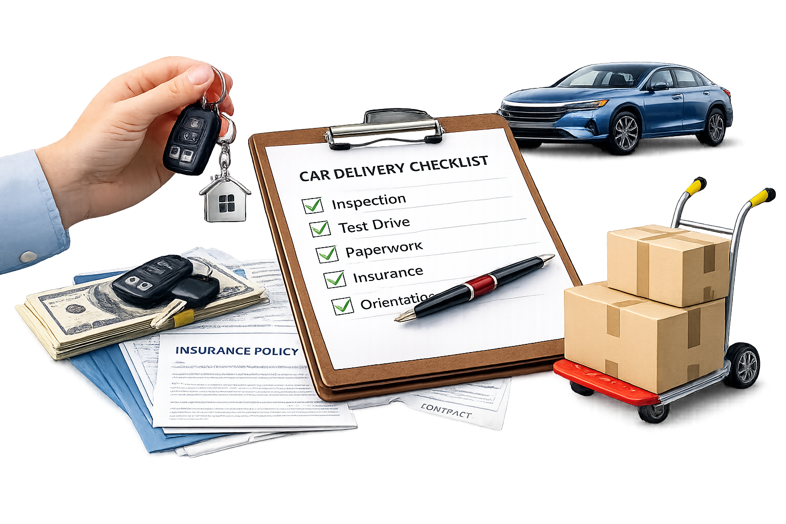 A hand holding car keys, a checklist on a clipboard with documents, cash, a blue sedan, and a hand truck with boxes.