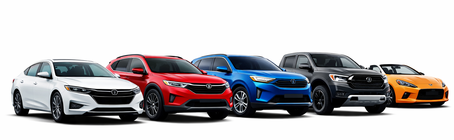 Five cars in white, red, blue, dark gray, and yellow parked in a row against a white background.