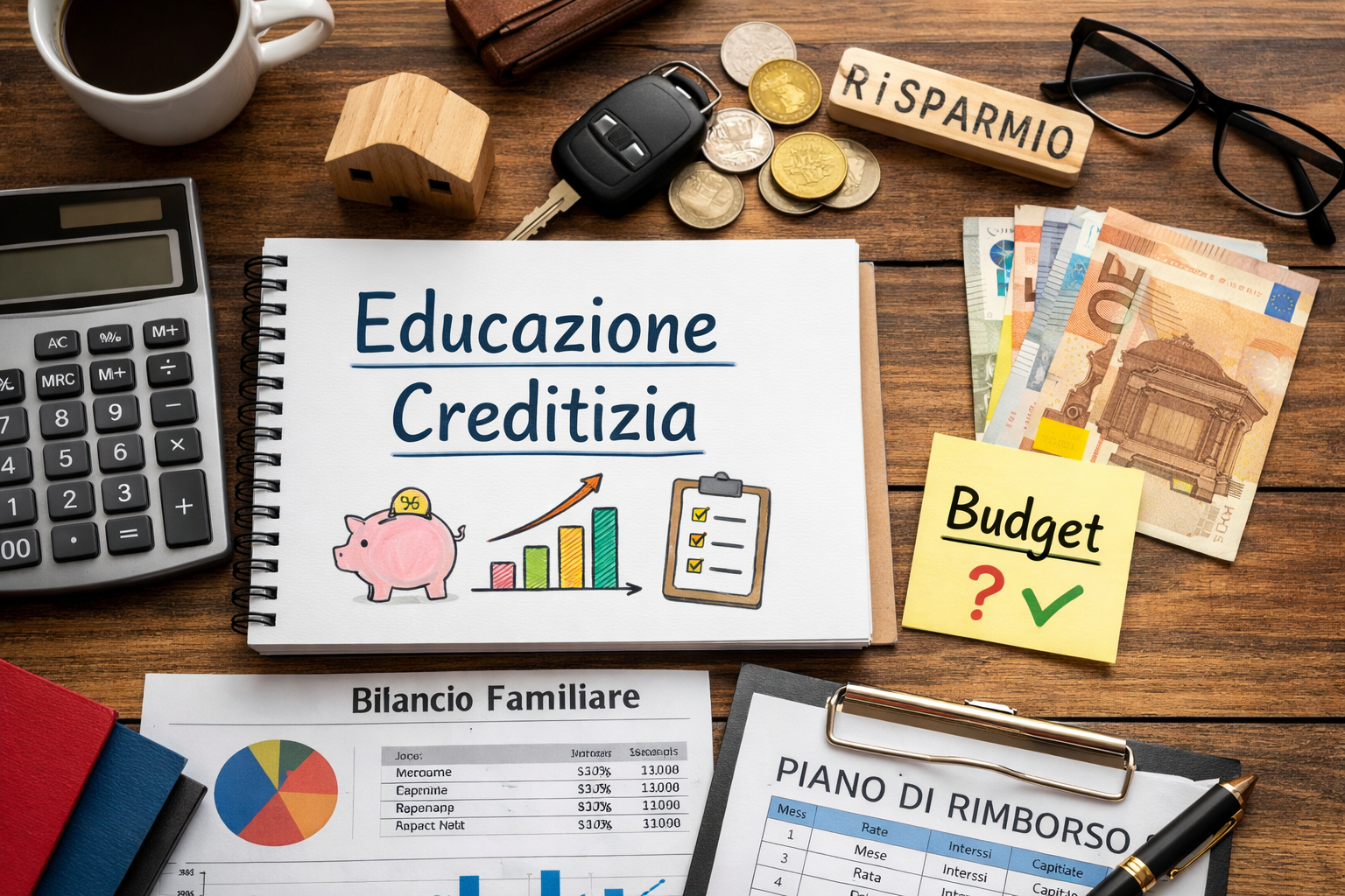 Bilancio familiare e gestione del denaro su scrivania professionale con piano di rimborso, contanti, calcolatrice e notebook ‘Educazione Creditizia’ per scelte finanziarie consapevoli”