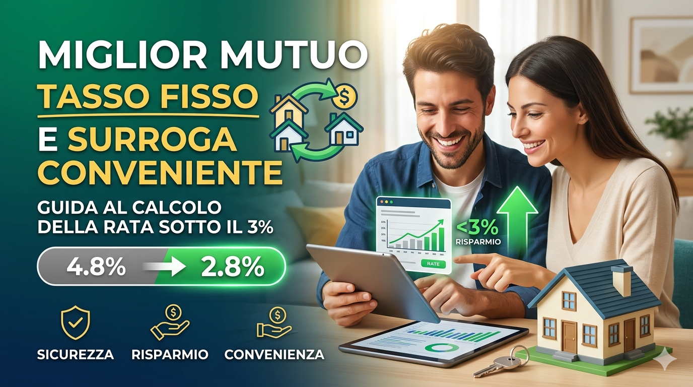 Una coppia sorridente analizza su tablet il calcolo della rata per il miglior mutuo a tasso fisso e