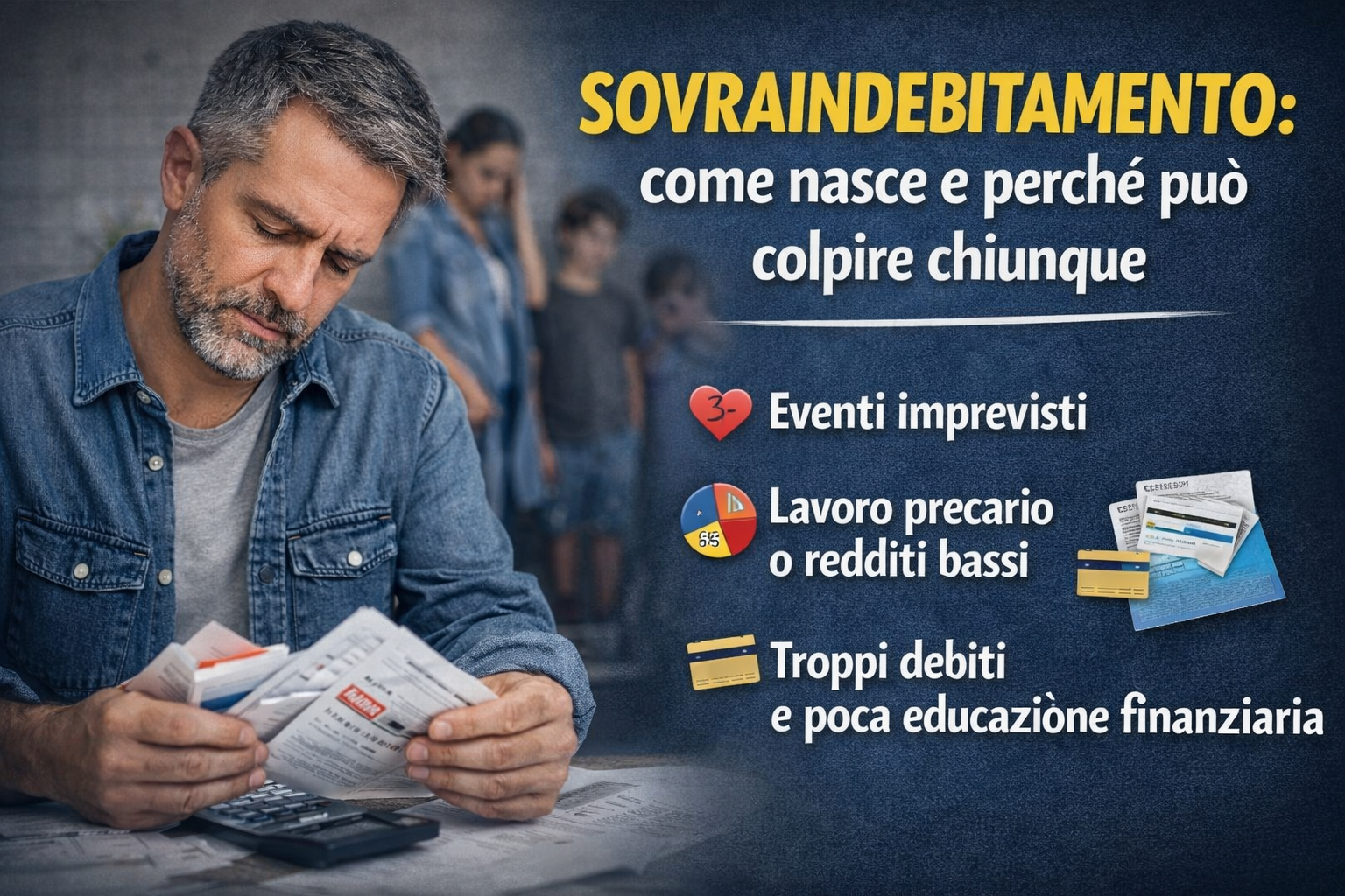 Persona preoccupata per debiti e sovraindebitamento, causa finanziaria ignorata