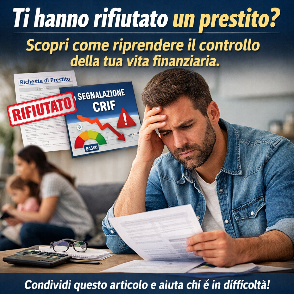 Uomo preoccupato controlla documenti dopo prestito rifiutato e segnalazione CRIF