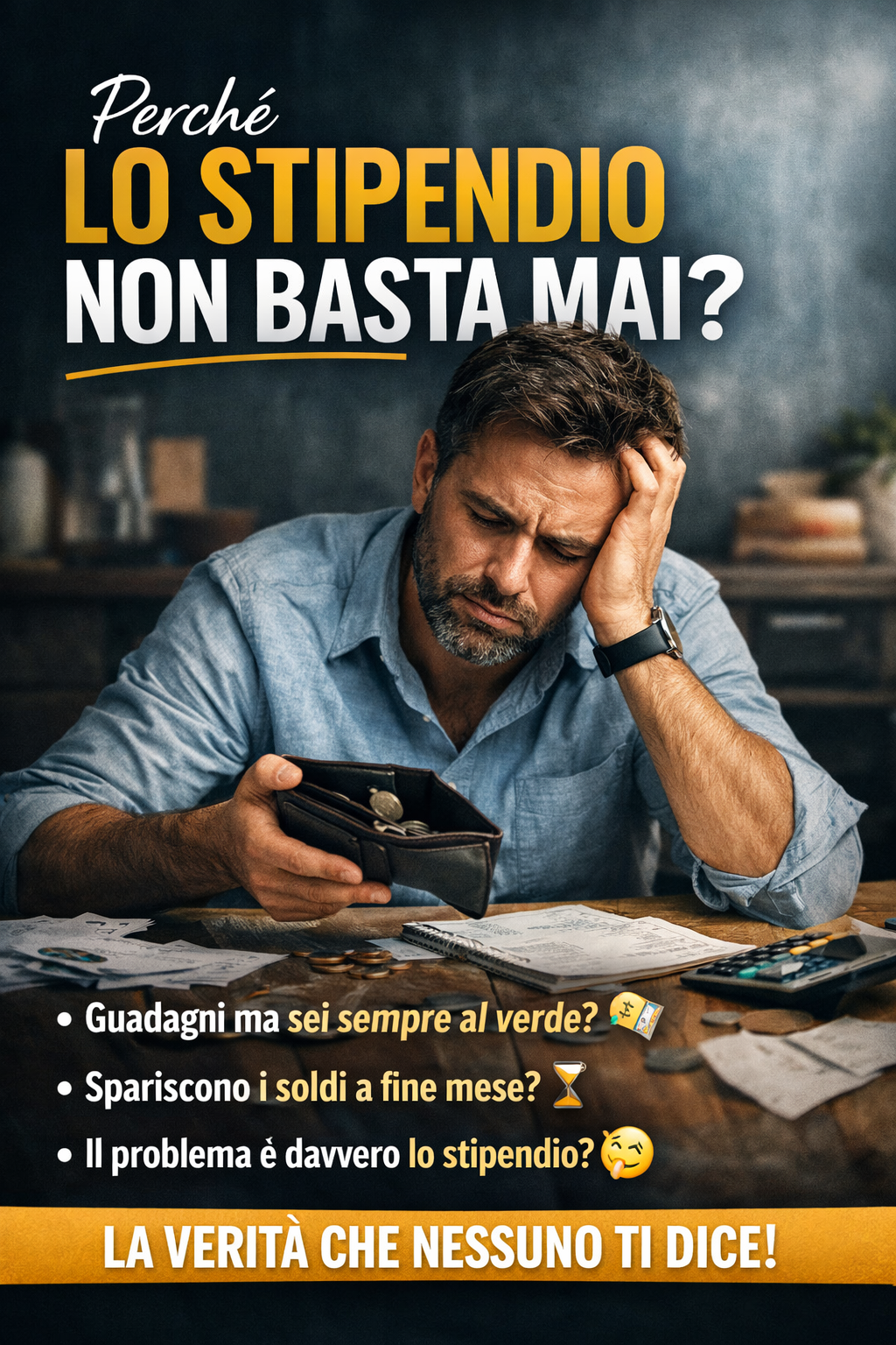 Perché lo stipendio non basta mai – uomo preoccupato guarda portafoglio vuoto tra bollette e calcola