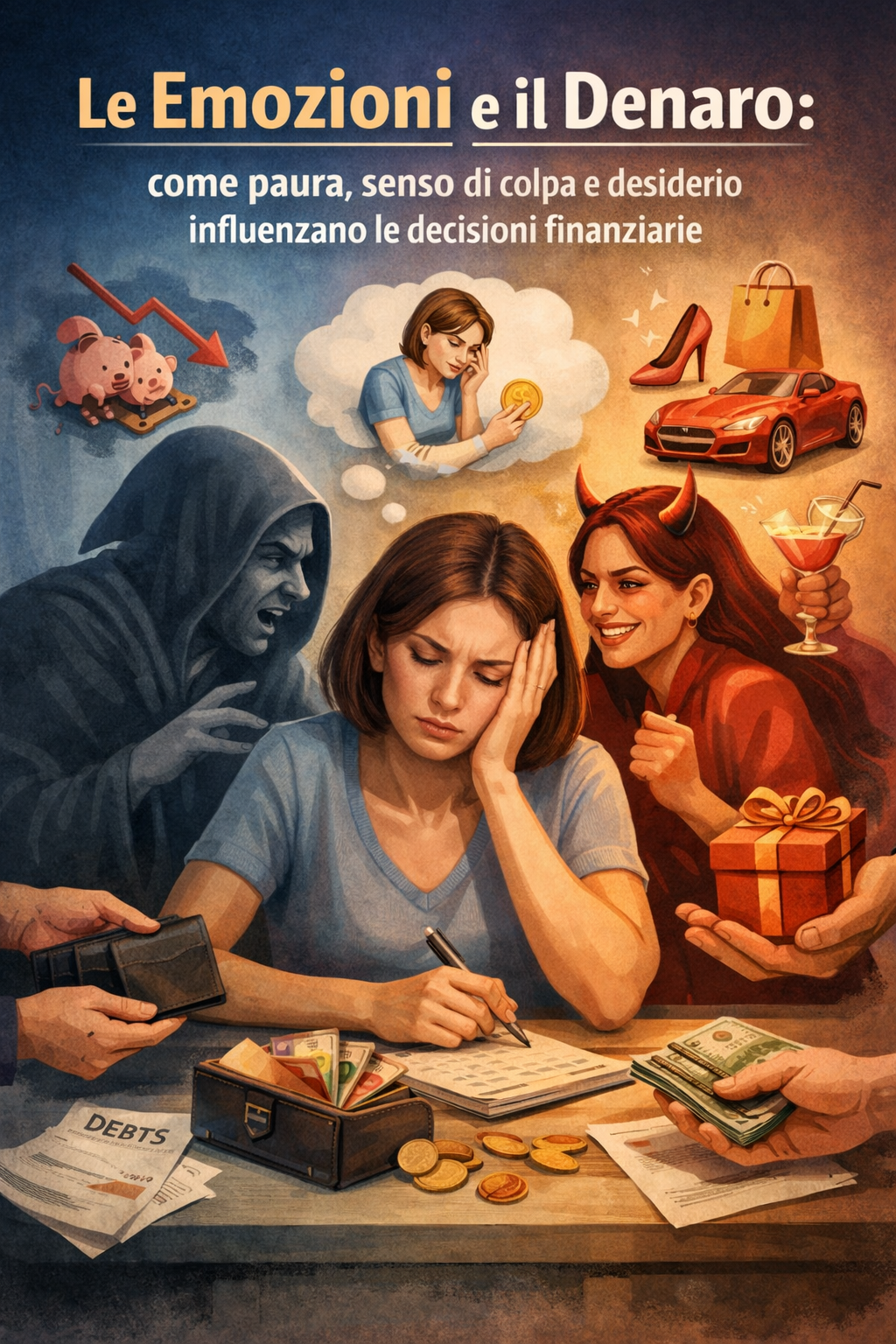 Illustrazione che mostra psicologia del denaro, emozioni e gestione consapevole di soldi e bilancio