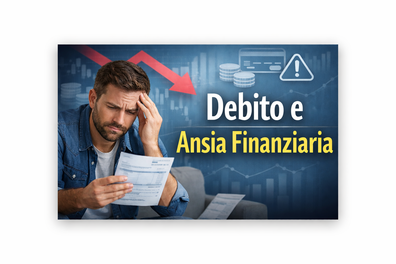 Uomo preoccupato che guarda bollette con grafici finanziari sullo sfondo, simboli di debito e ansia 