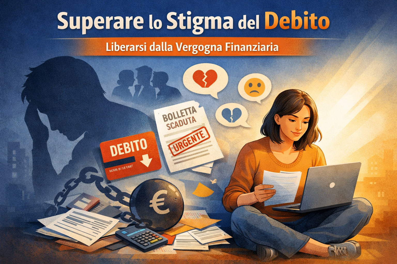 Persona che affronta il debito con calma, superando vergogna finanziaria e stigma sociale