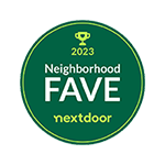 A green circle with the words `` neighborhood fave nextdoor '' on it.