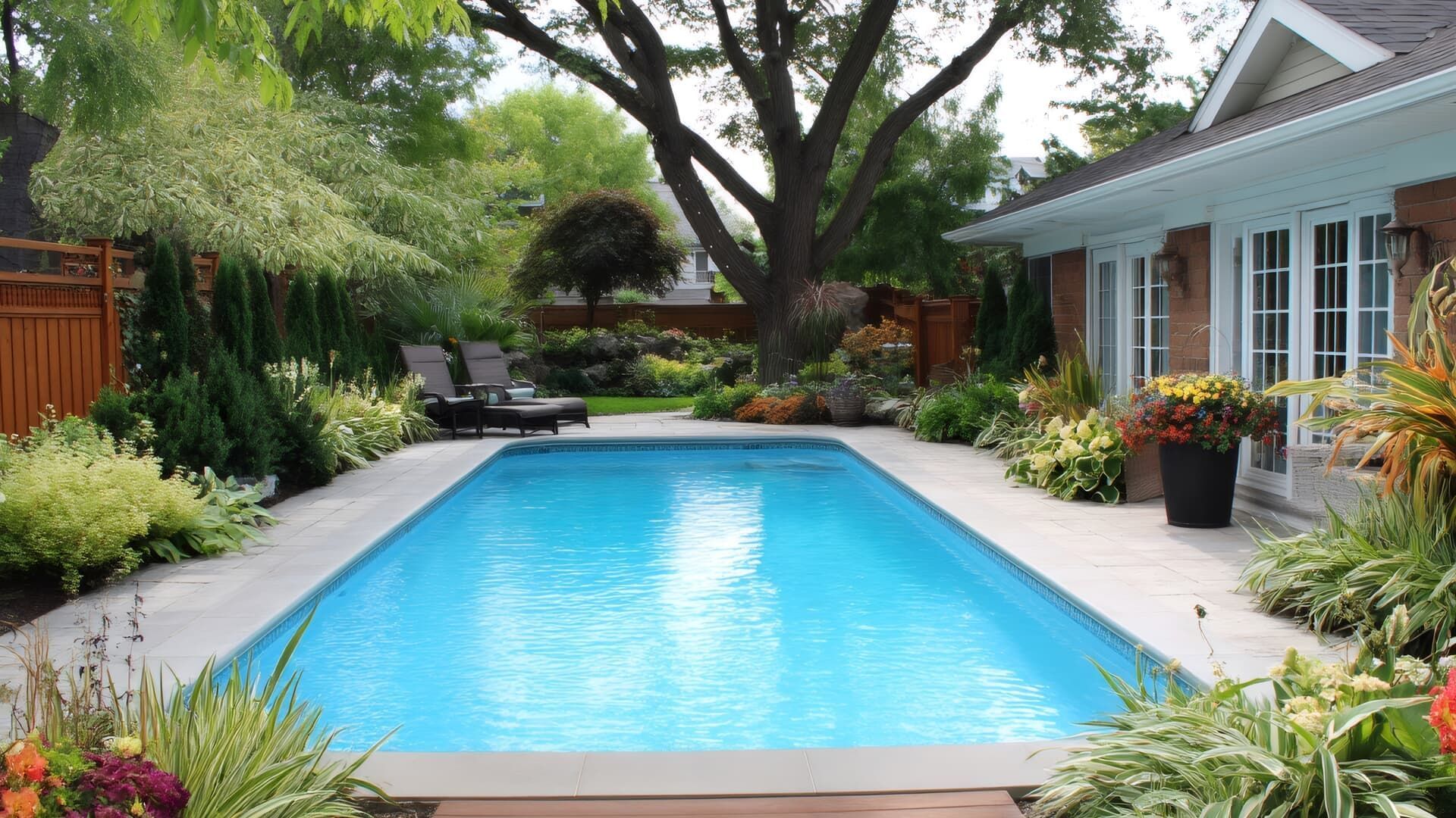 Rectangular blue pool surrounded by a stone patio and lush landscaping, near a brick house with white doors.