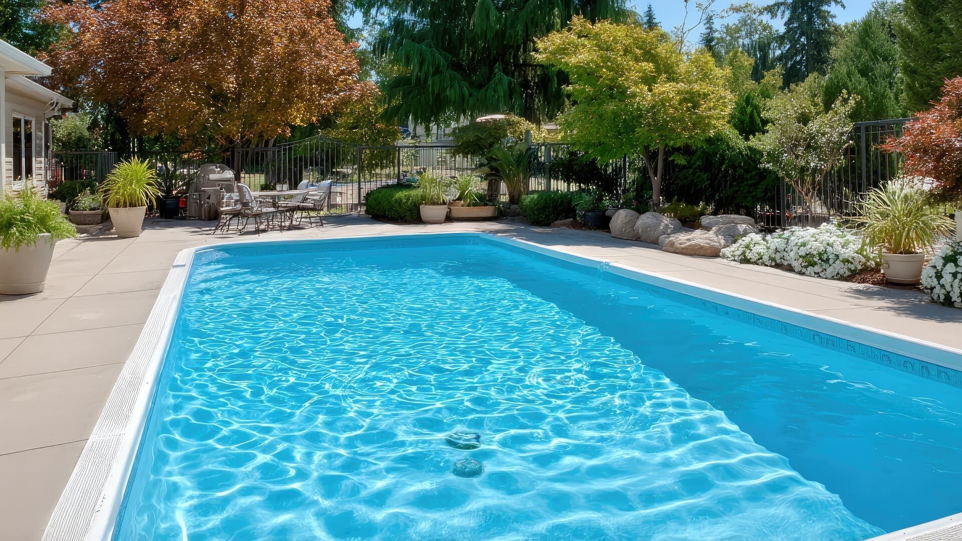 Bright blue swimming pool surrounded by a patio and lush greenery. Sunlight glistens on the water.