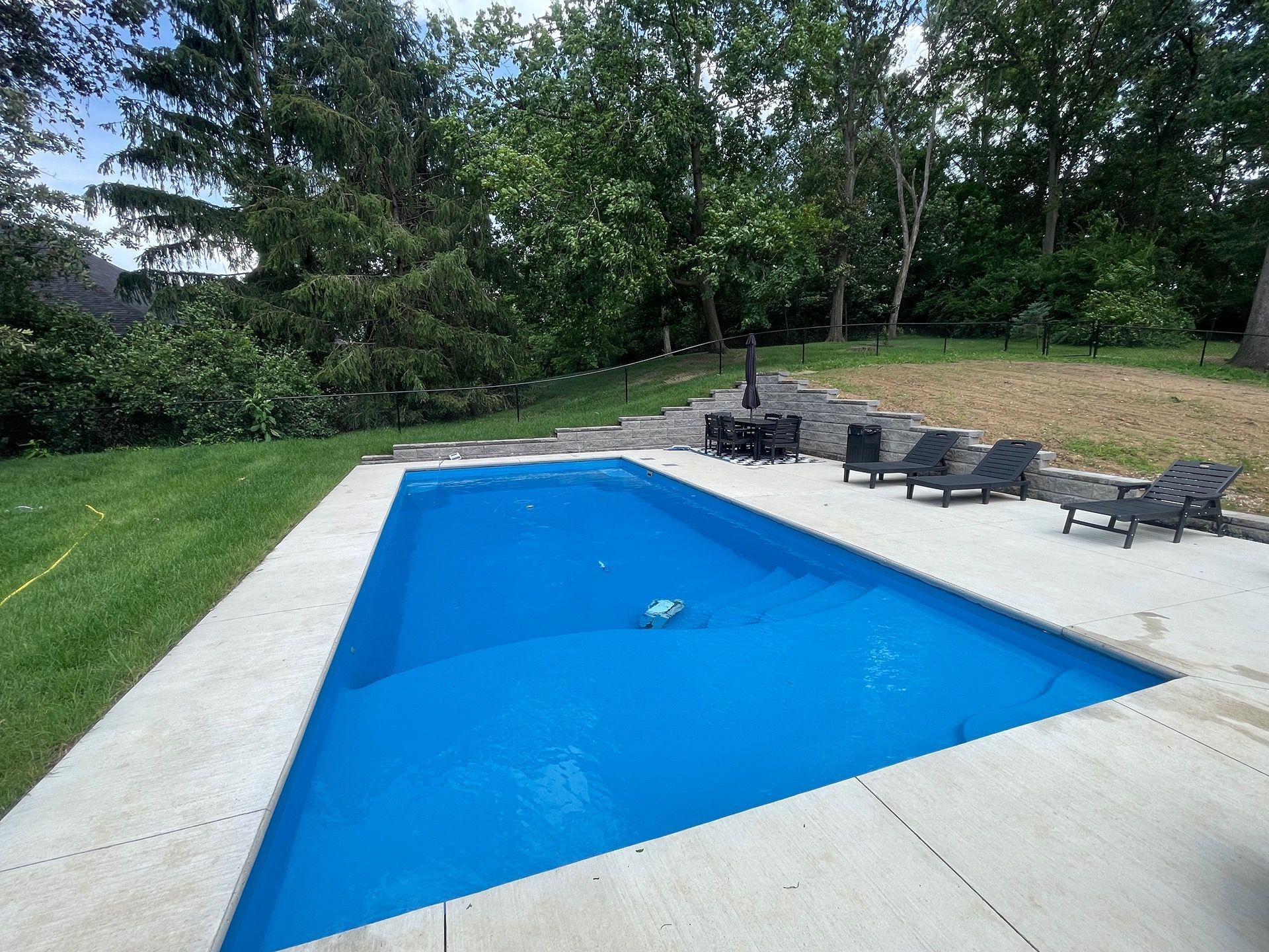Rectangular blue swimming pool surrounded by concrete patio and green grass, with trees in the background.