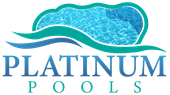 Logo for Platinum Pools: Pool design with turquoise water, teal waves, and blue text.