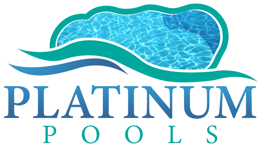 Logo for Platinum Pools: Pool design with turquoise water, teal waves, and blue text.