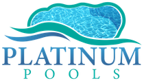 Logo for Platinum Pools: Pool design with turquoise water, teal waves, and blue text.