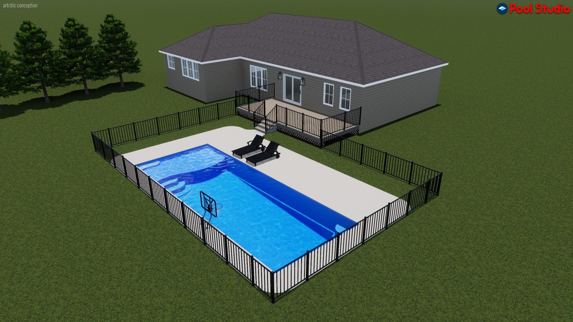 A house with a pool and deck, fenced in on a grassy lawn.