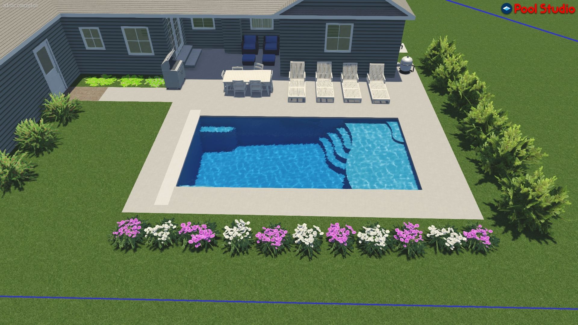 Backyard with a pool, patio furniture, and landscaping against a blue house. Green grass surrounds.