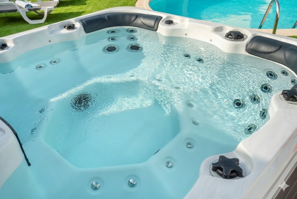 A light blue jacuzzi next to a larger pool, both on a wooden deck.