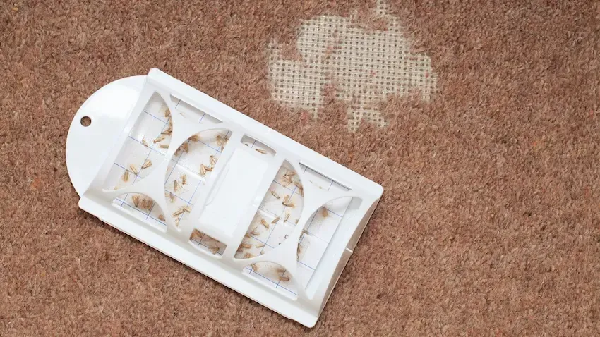 A white bug trap is sitting on top of a brown carpet.