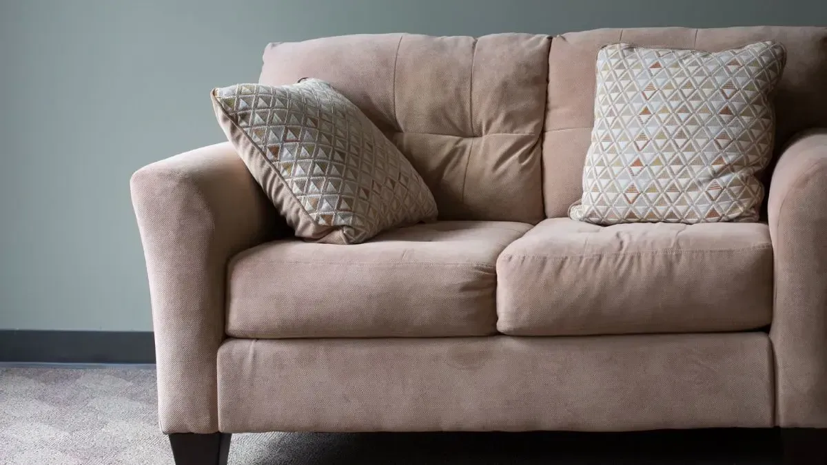 A living room with a couch , coffee tables , and a plant.