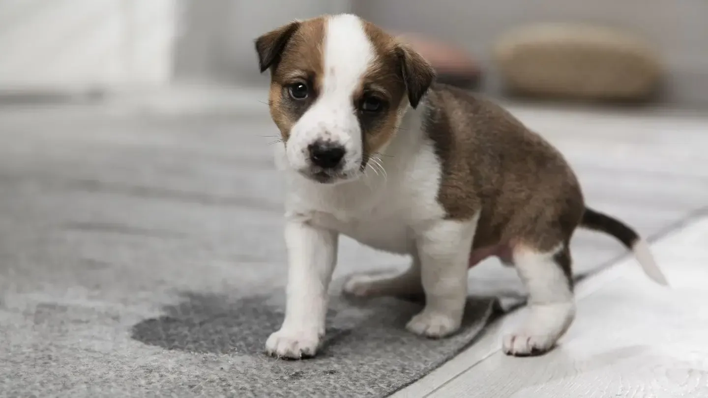 A brown and white puppy is sitting on a wet carpet.