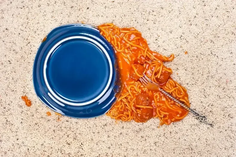 A blue plate with spaghetti and cheese on it is on a carpet.