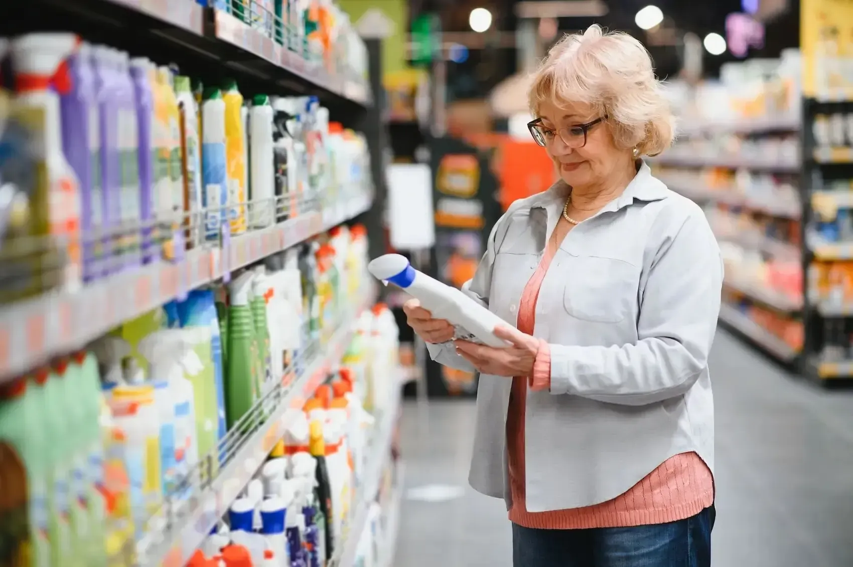 An individual examining a bottle of cleaning product while standing in a grocery store aisle filled with household goods.