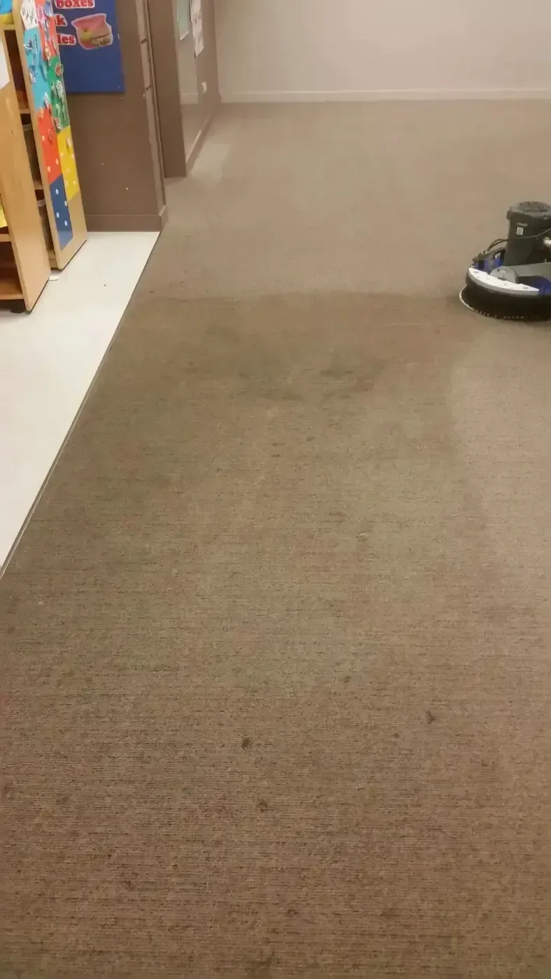 A close up of a vacuum cleaner cleaning a carpet.
