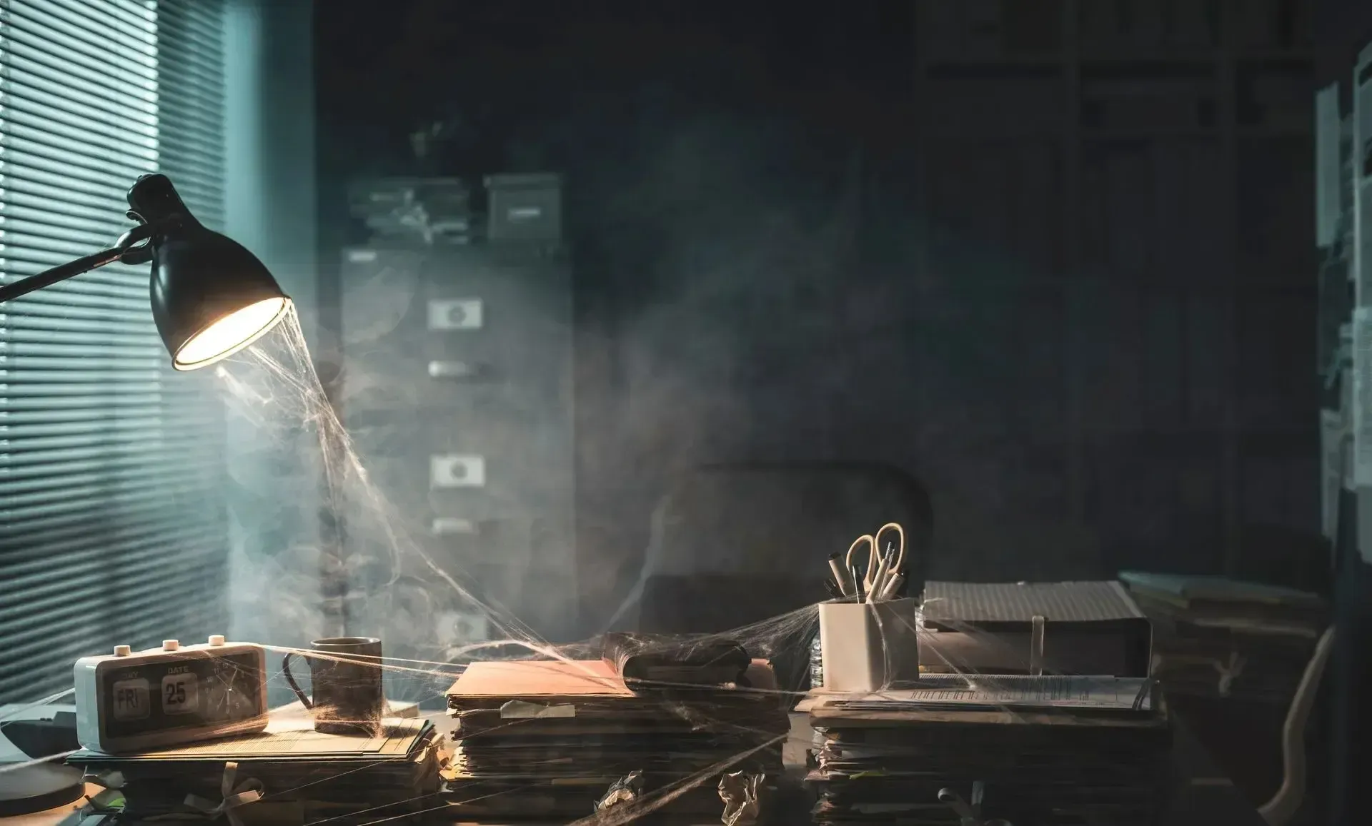 Dim office, lamp shining on a cluttered desk with piles of files, blinds, and smoke.