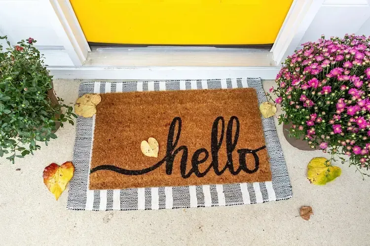Hello, doormat at the yellow door with plants and leaves.