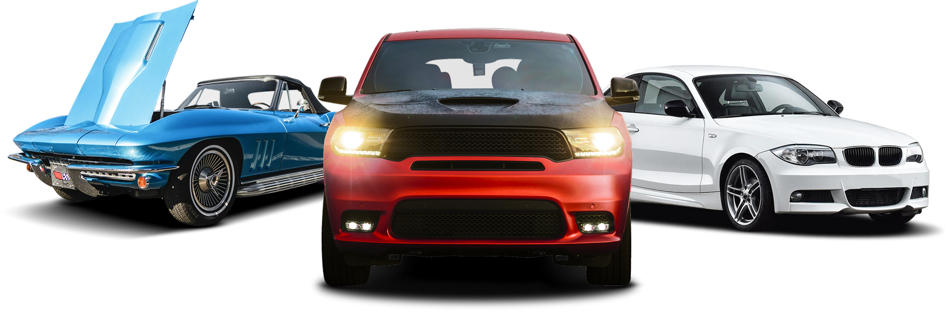 Three cars, a blue Corvette with hood open, a red SUV, and a white sedan. | Good Guys Auto Care & Tires