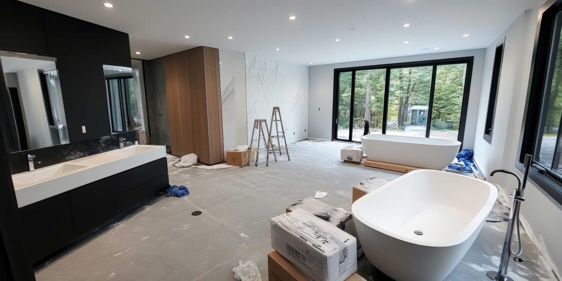 bathroom remodeling company modern bathroom renovation with tub, ladder, and tools setup . bathroom remodeling company modern bathroom renovation with tub, ladder, and tools setup .