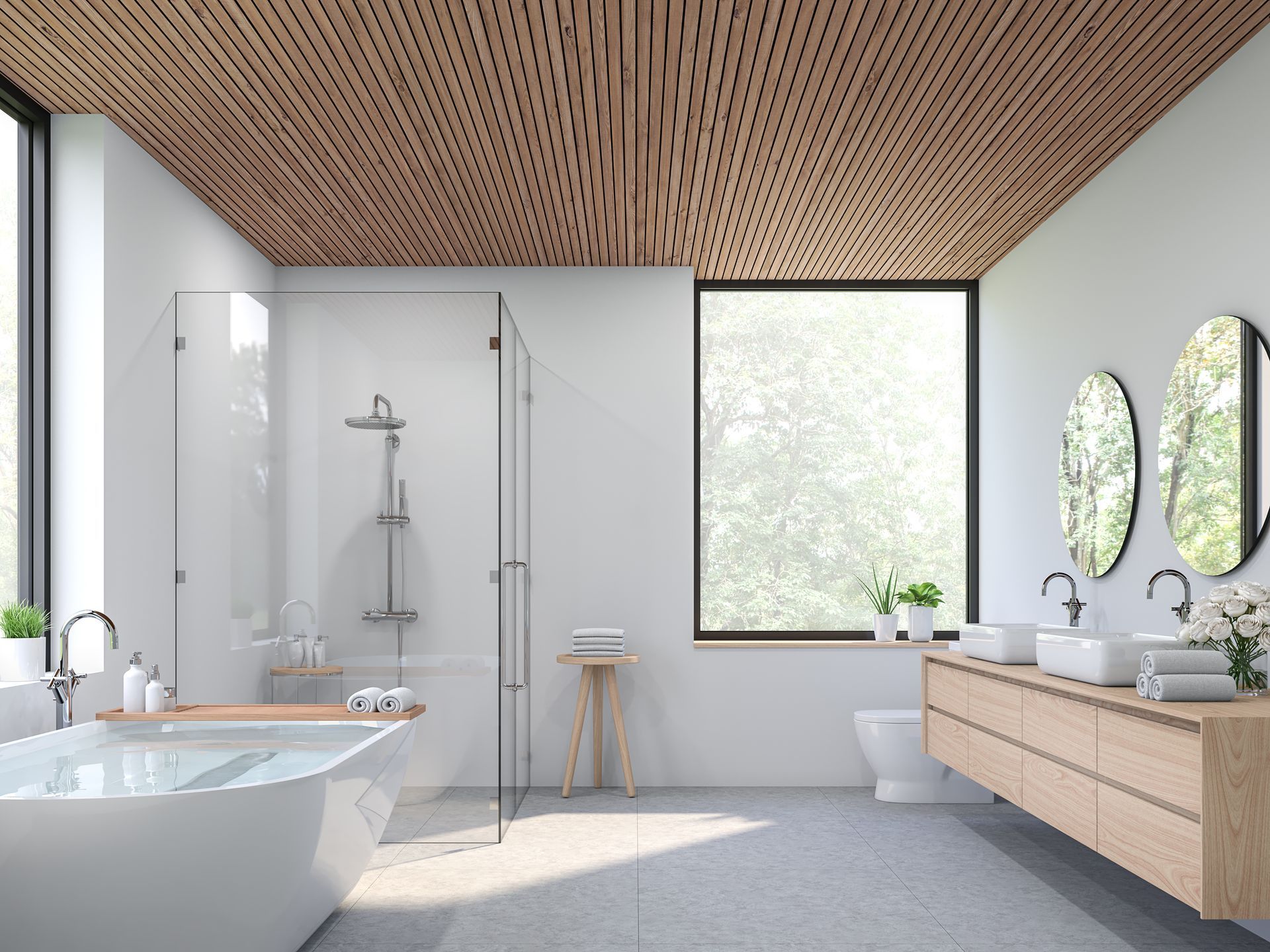 Modern bathroom with wood ceiling, white walls, large windows, bathtub, shower, double vanity.