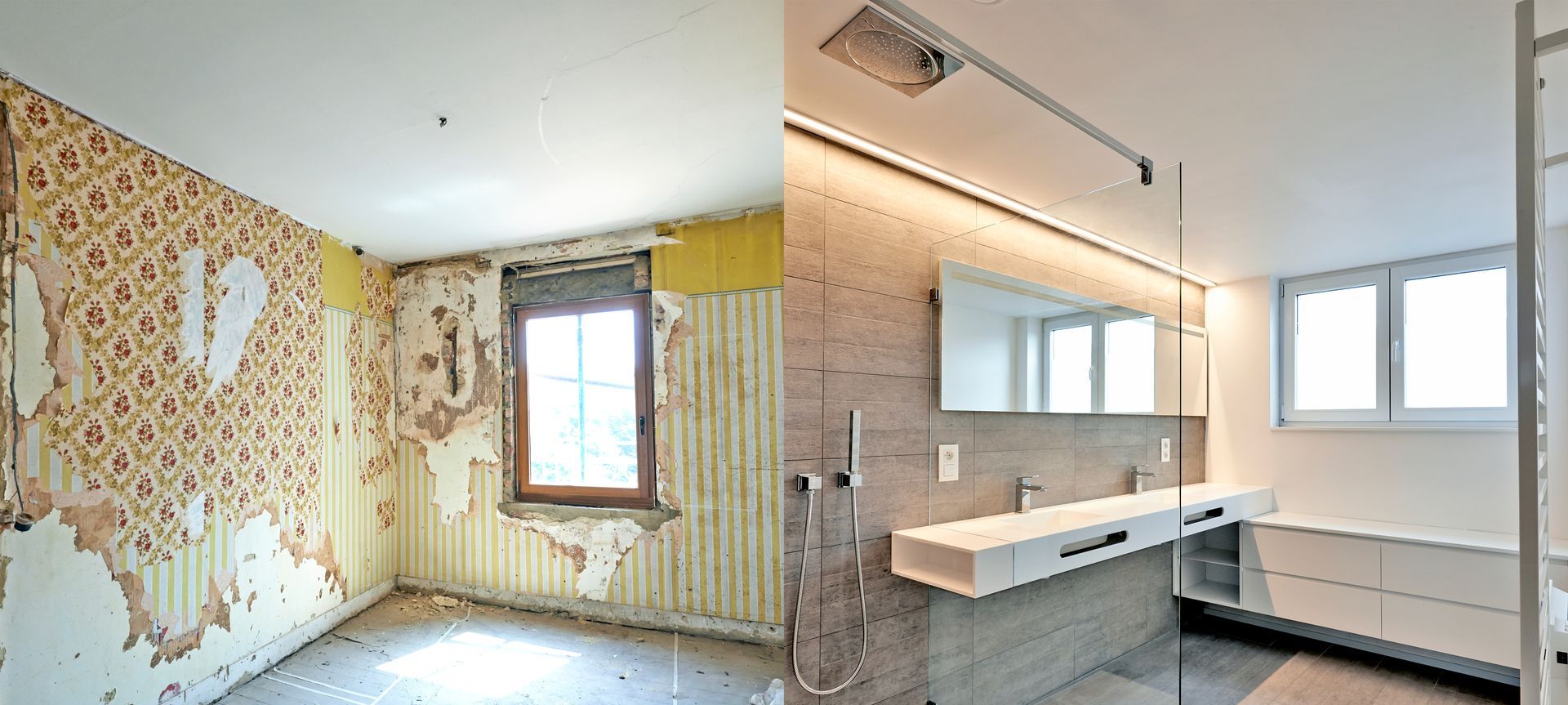 Before and after bathroom remodel with tile, vanity, and walk-in shower.