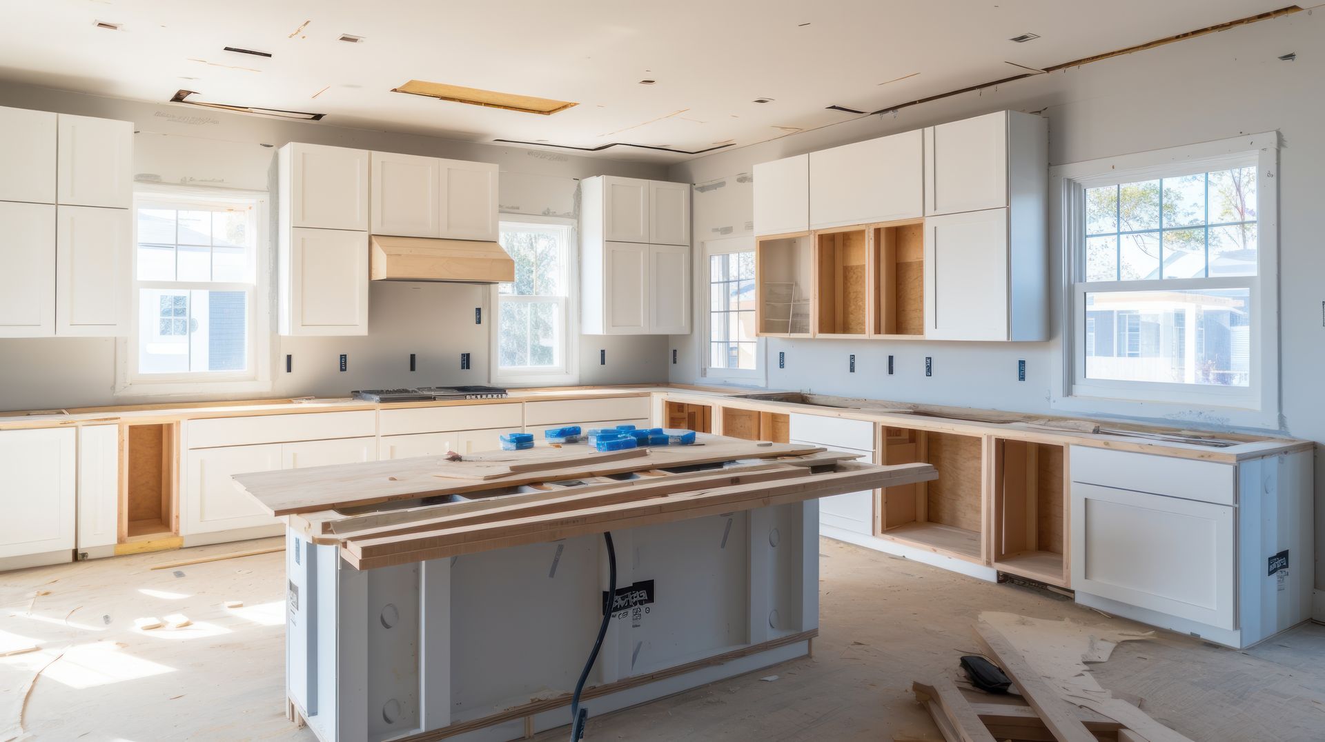 Modern white cabinets and an island being installed during a residential kitchen remodeling project.
