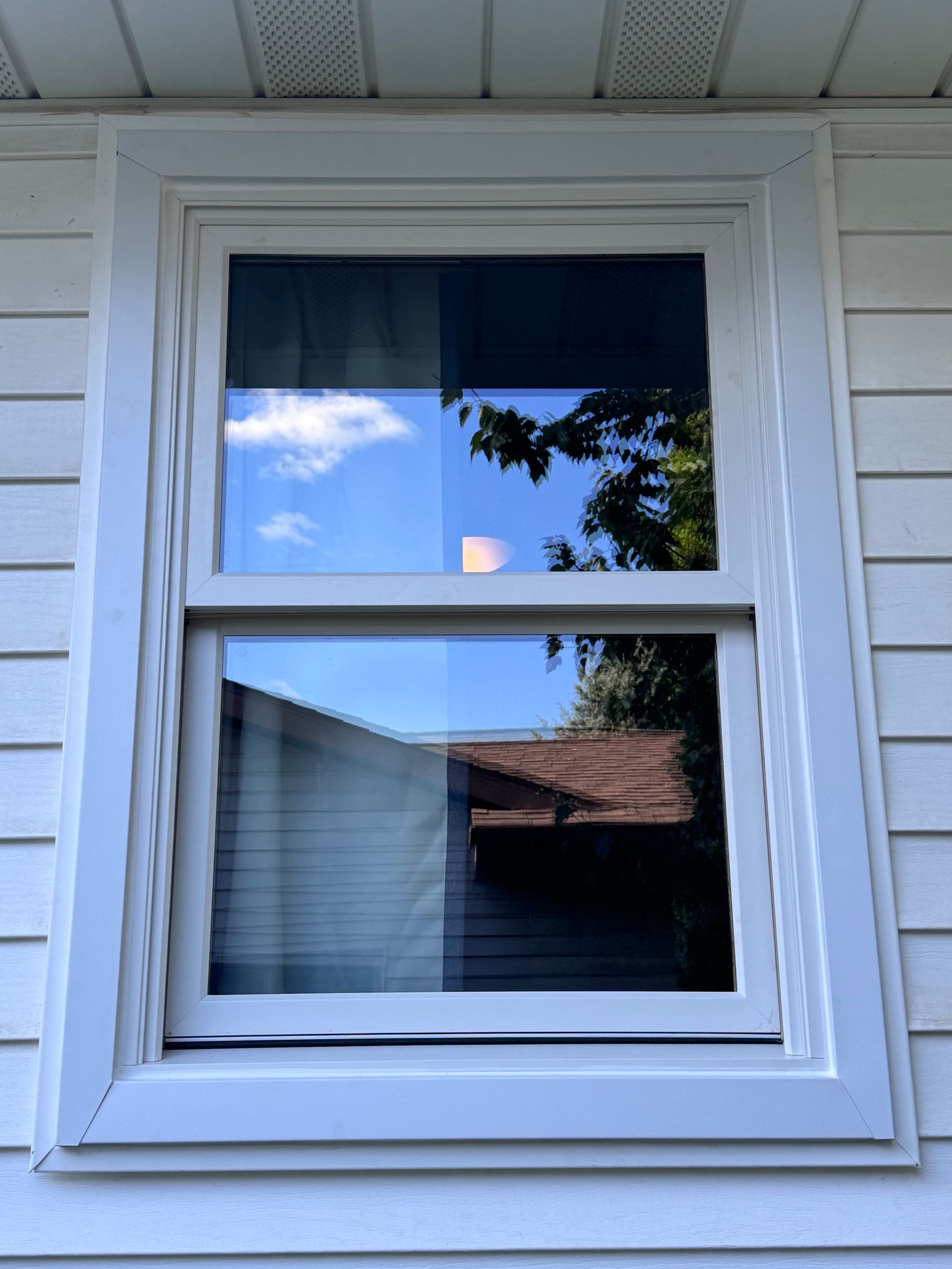 White-framed double-hung window on a white-sided house, reflecting a blue sky with clouds, trees, and a house.