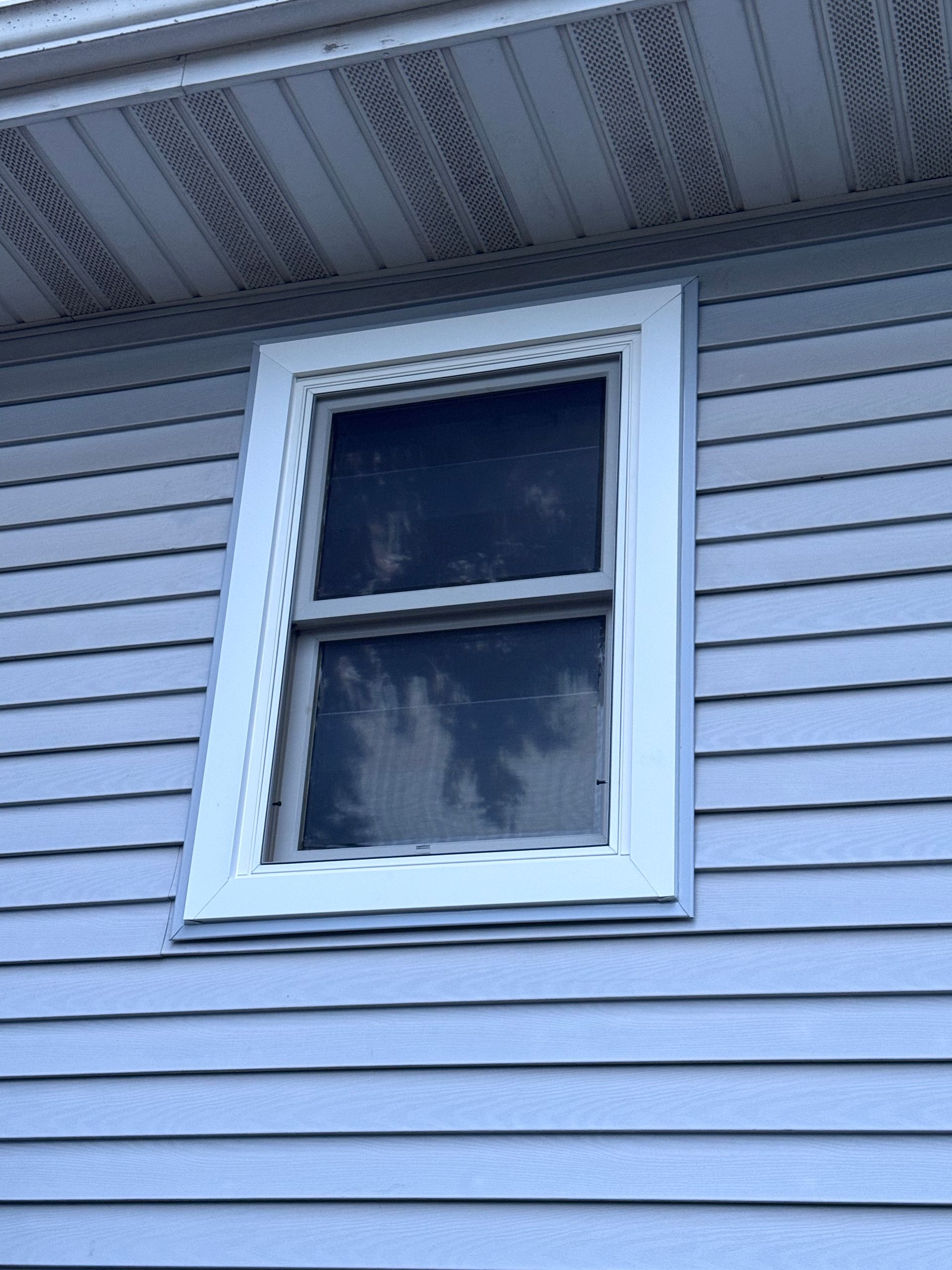 White-framed window on a light blue-sided house, reflecting a blurry outdoor scene.