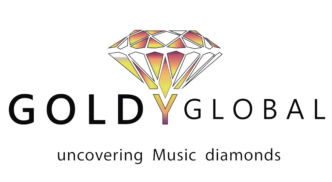 Goldy Global music sync company logo.with colourful diamond and tagline.