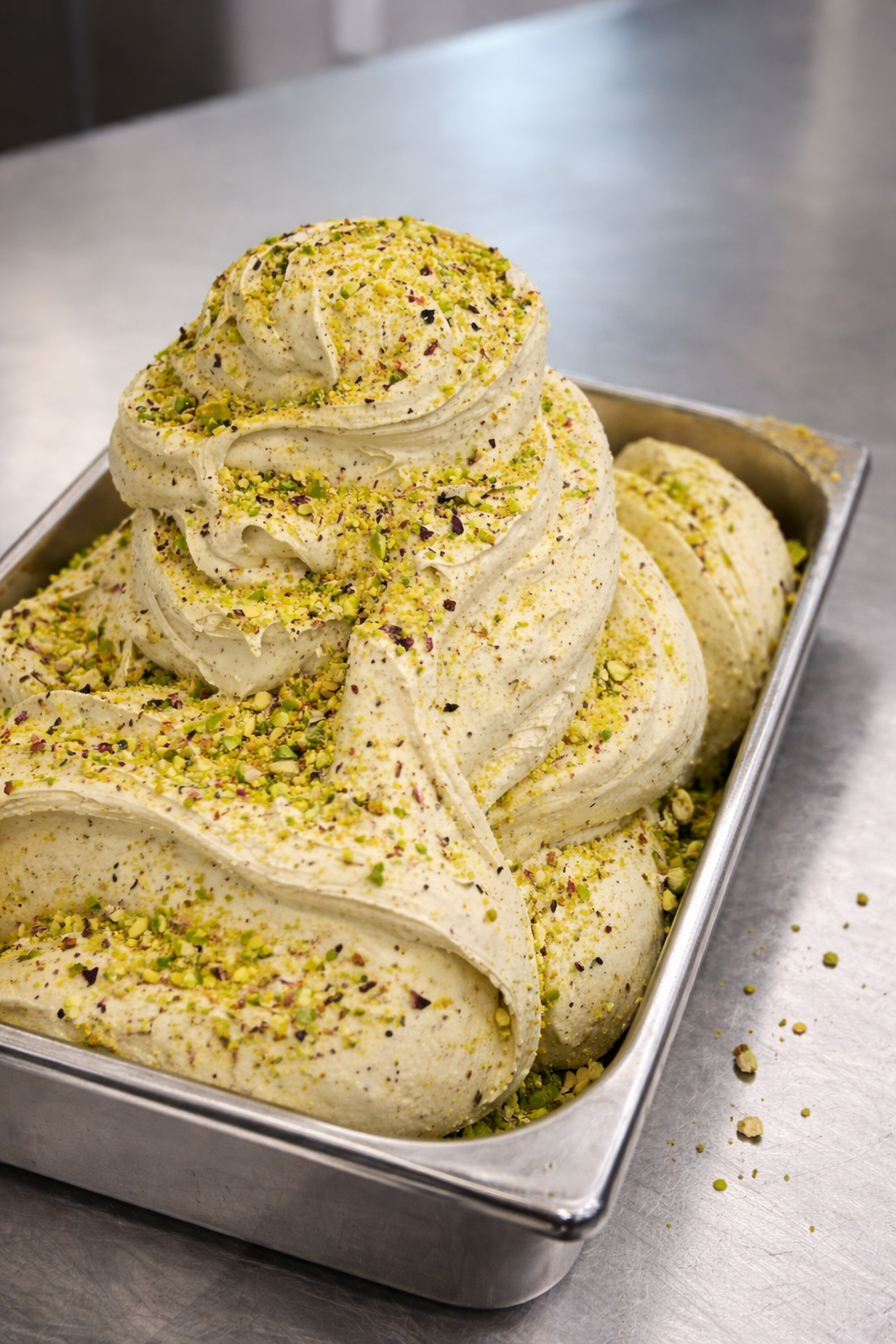Il gelato al pistacchio è disposto in un contenitore di metallo, cosparso di pistacchi tritati, e appoggiato su una superficie in acciaio inox.