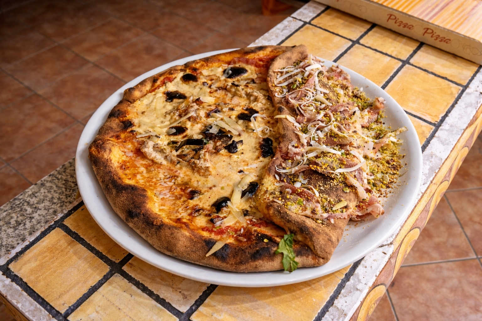 Pizza su un piatto bianco, metà con condimenti, l'altra metà ripiegata con prosciutto e pistacchi.