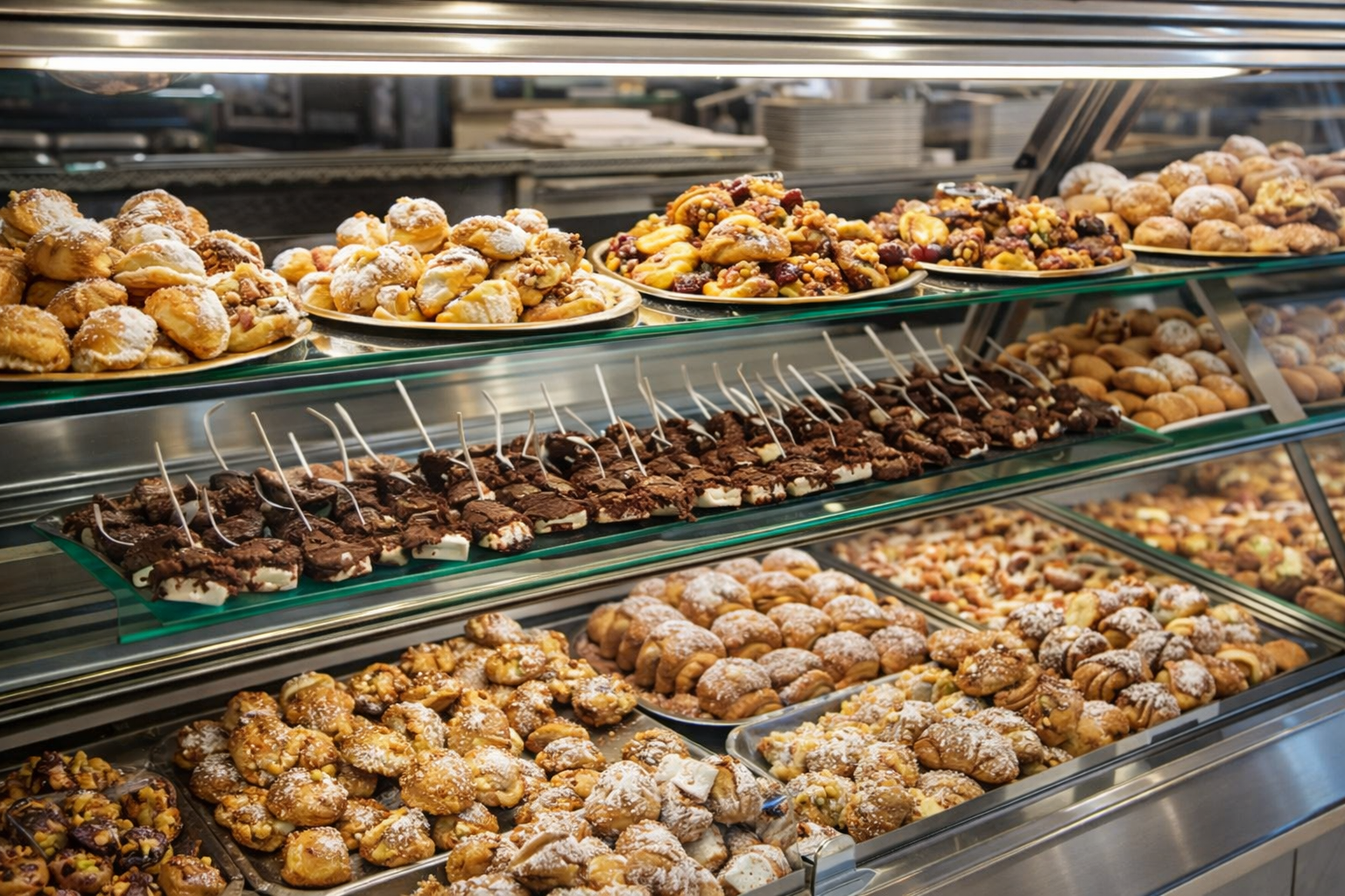 Vetrina con pasticcini assortiti. Prodotti da forno di varie forme e colori.