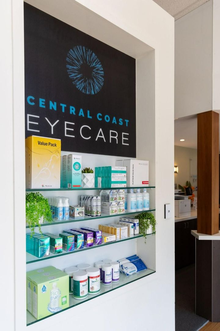 Shelf of various eyecare products — Optometrist in Gosford, NSW