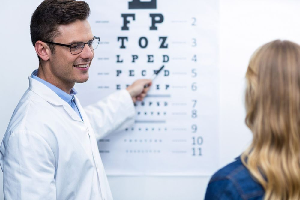 An Ophthalmologist Is Pointing At A Woman 's Eye Chart — Central Coast Eyecare In Erina, NSW