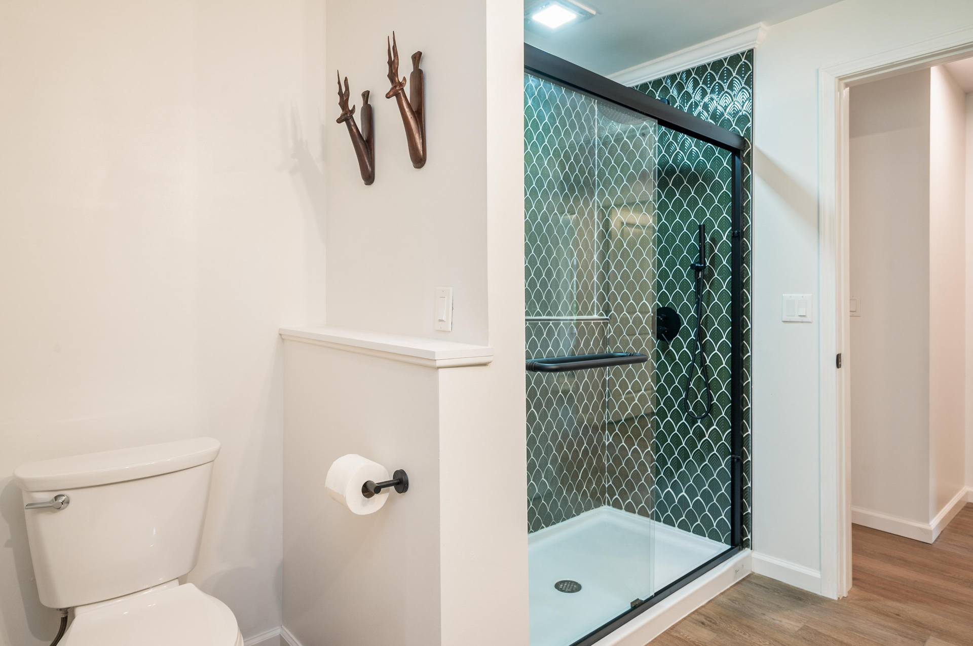 A bathroom with a toilet and a walk in shower.