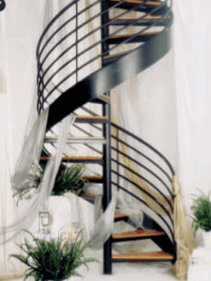 A spiral staircase with a black railing and wooden steps