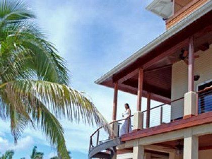 Steel stair and railing, galvanized and powder coated with stainless steel