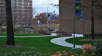 office building with green landscape on its surrounding