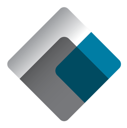 Gray and teal diamond-shaped logo with a curved, overlapping design.